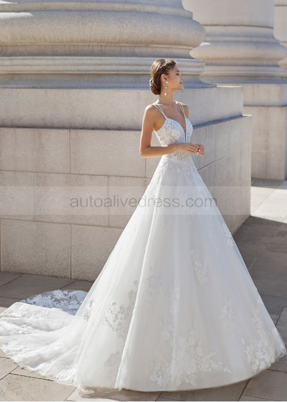 Double Straps Beaded White Lace Tulle Latest Wedding Dress